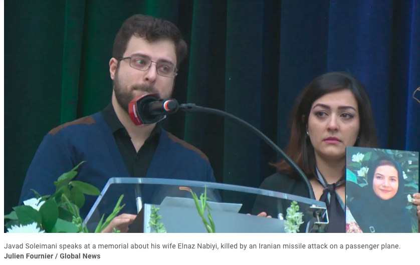 Javad Soleimani speaks at a memorial about his wife Elnaz Nabiyi, killed by an Iranian missile attack on a passenger plane. Julien Fournier / Global News