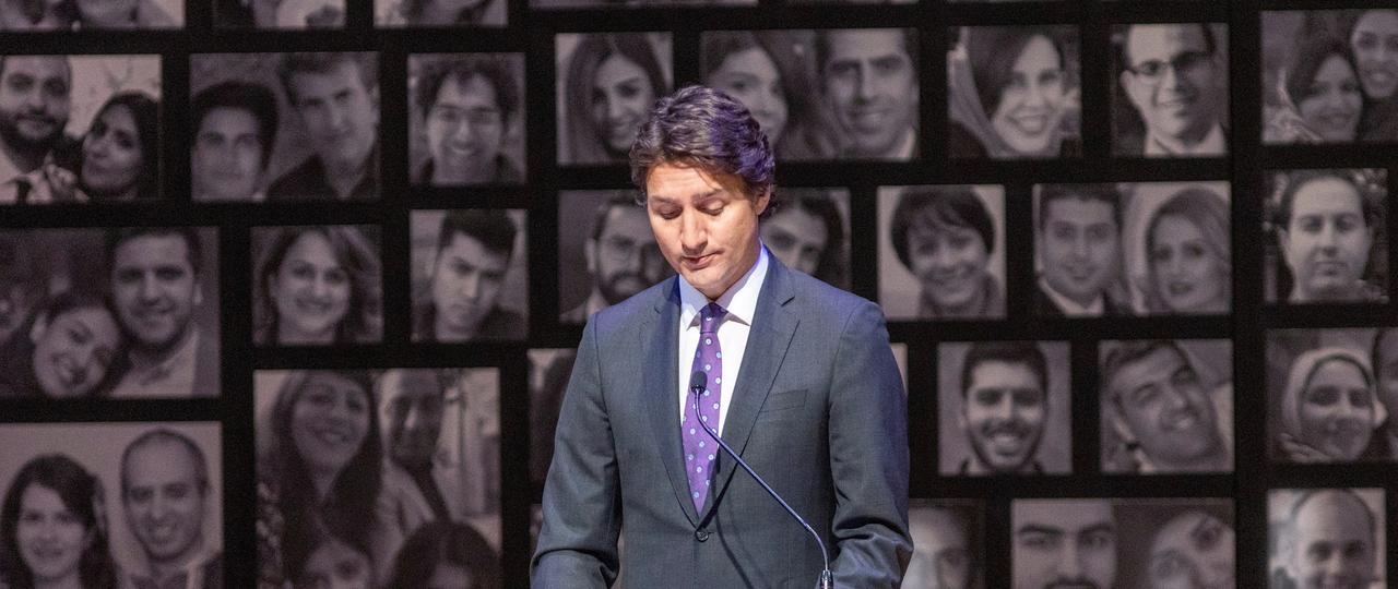 Prime Minister Justin Trudeau speaks at the Toronto event marking the third anniversary of Flight PS752's downing. (Christopher Katsarov/The Canadian Press)